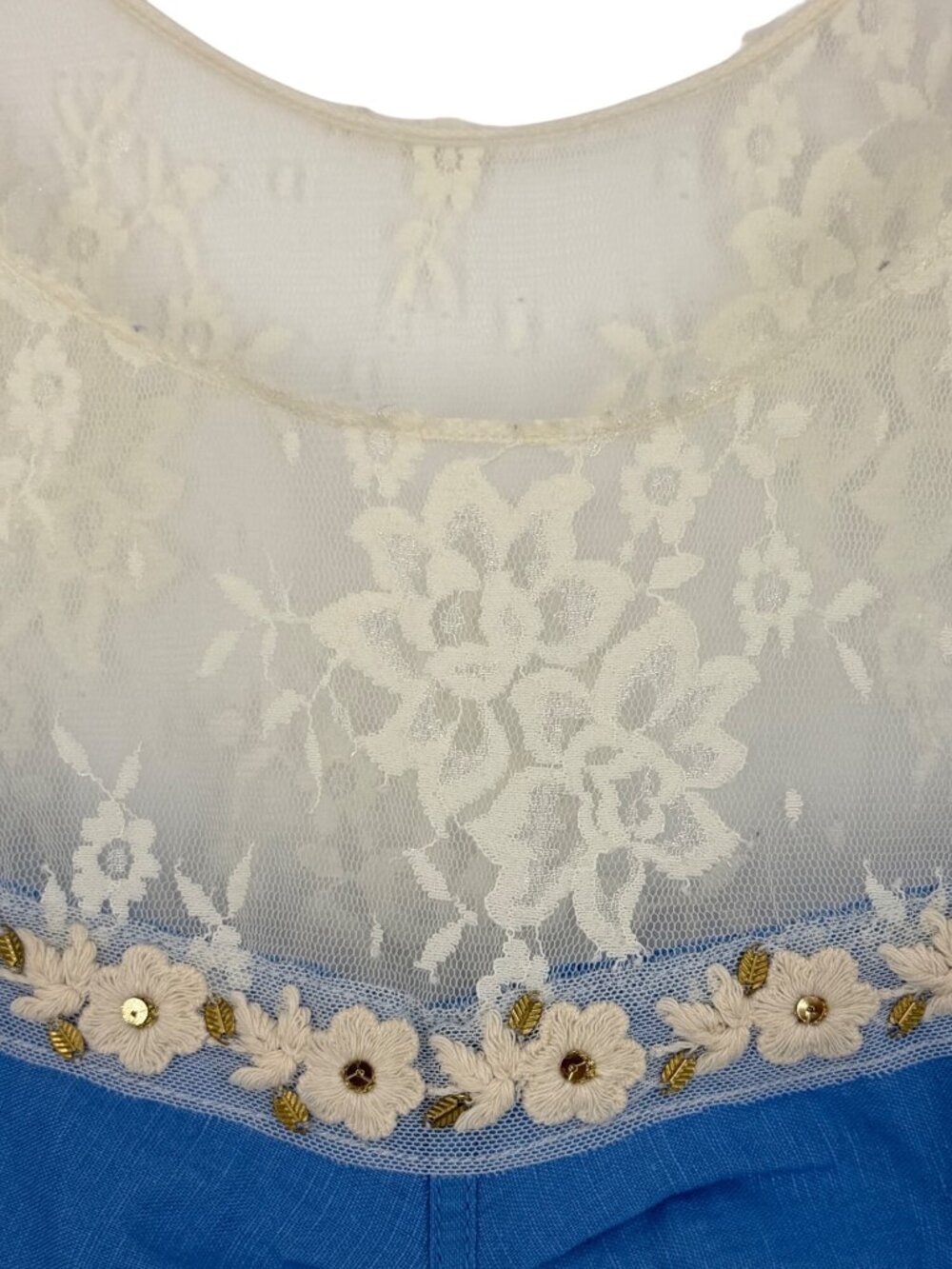 VTG Free People Crystallized Linen Crochet Lace Yoke Paisley Mini Shift Dress 10 - Picture 14 of 16